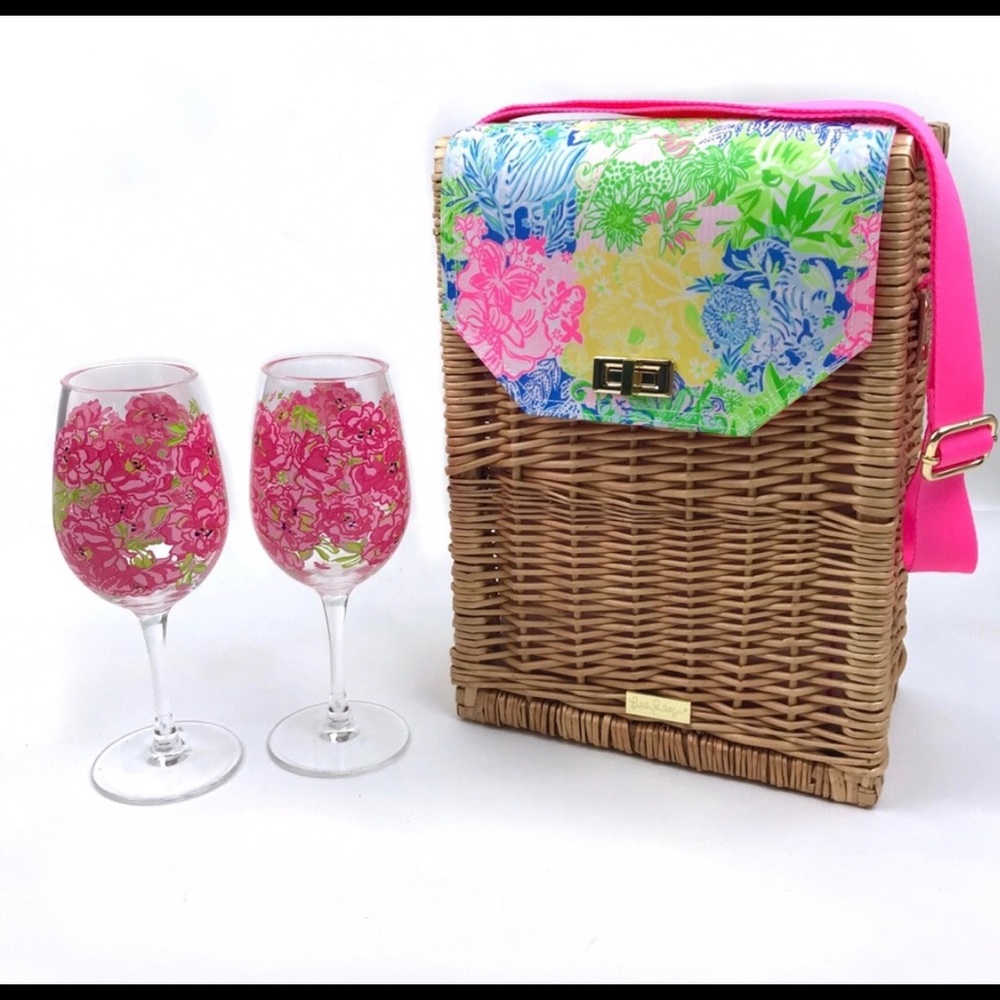 Lilly Pulitzer Wicker Wine tote and wine glasses